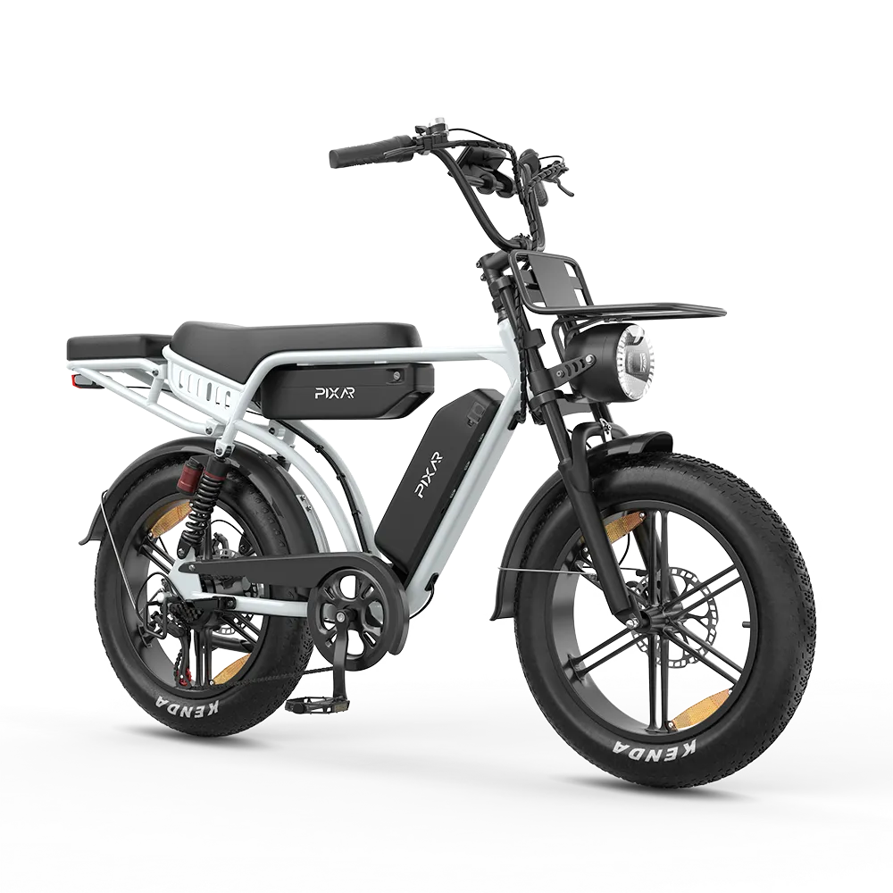 Silver PIXAR M9 retro electric bike in a front angled view